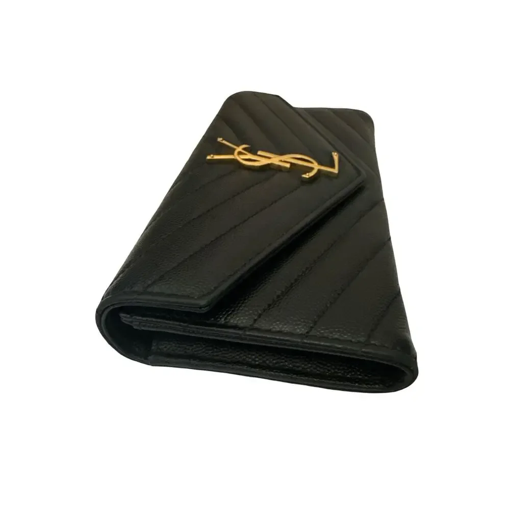 Saint Laurent Black Chevron Leather Wallet with Gold YSL Emblem Crossbody - Picture 10 of 11
